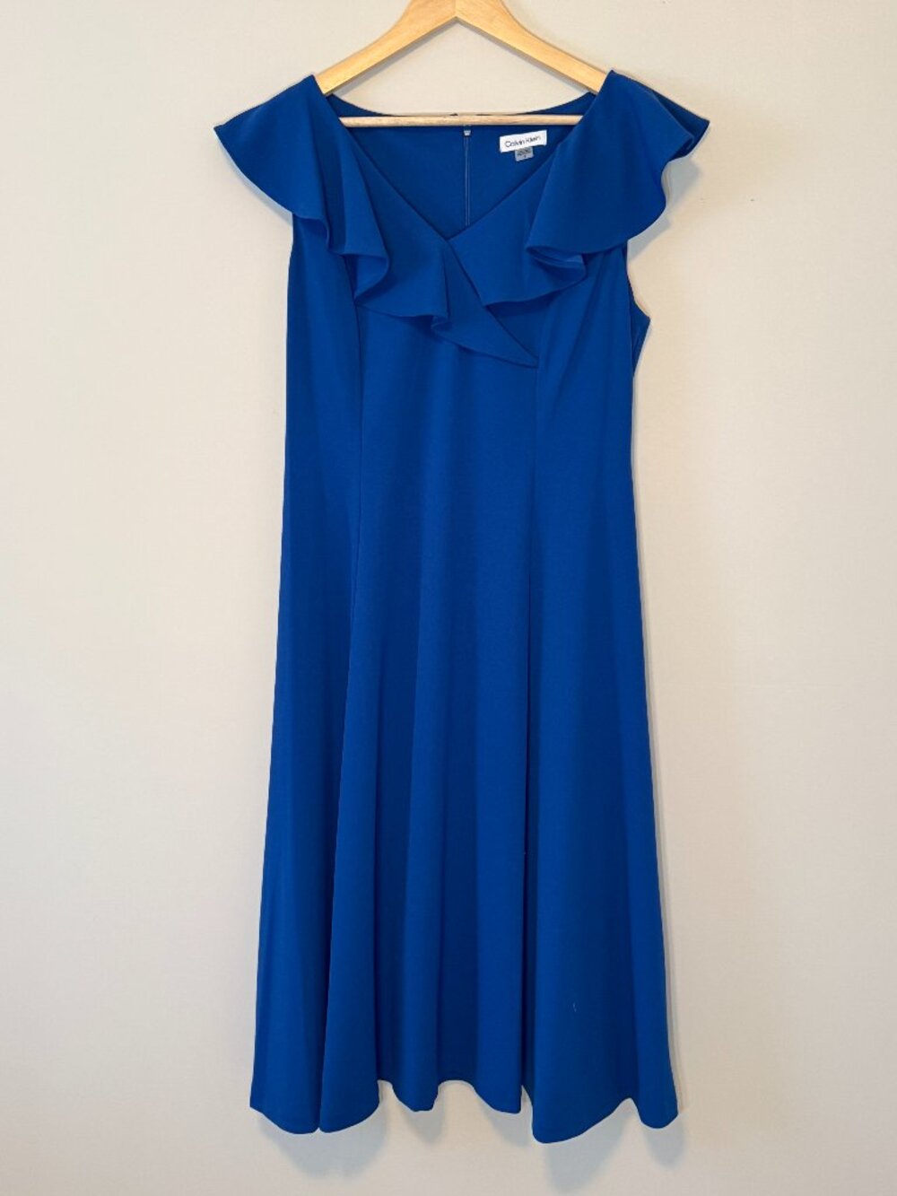 Calvin Klein Blue Ruffle Neck A-Line Midi Dress Size 12